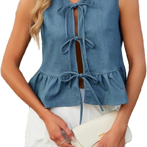 Women's Denim Vest Top Sleeveless V Neck Tie Front Jean Vest Summer 2025 Trendy
